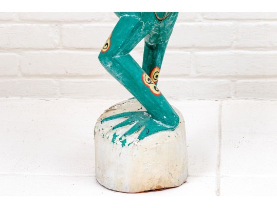 Whimsical Folk Art Carved And Painted Frog Holding Umbrella