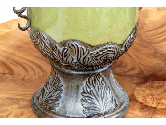 Pair Of Decorative Ceramic And Aluminum Twin Handled Urns