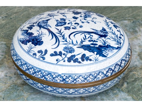 Decorative Chinese Lidded Ceramic And Brass Box