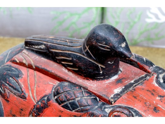 Asian Carved Bird On Frog Wood Box