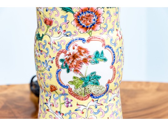 Chinese Famille Rose On Yellow Ground Gu Form Porcelain Table Lamp