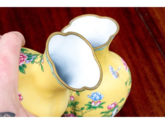 Pair Of Chinese Famille Rose On Yellow Ground Enameled Vases, 20th C.