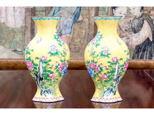 Pair Of Chinese Famille Rose On Yellow Ground Enameled Vases, 20th C.