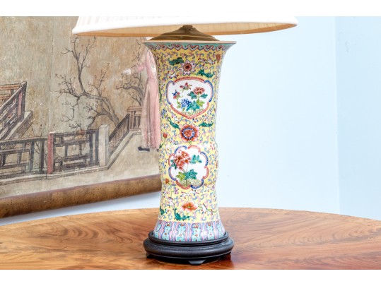 Chinese Famille Rose On Yellow Ground Gu Form Porcelain Table Lamp
