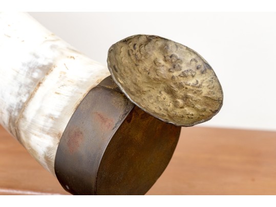 Carved Buffalo Horn With Brass Mounted End