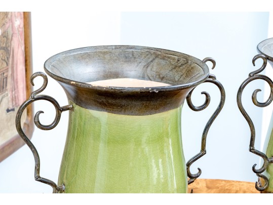 Pair Of Decorative Ceramic And Aluminum Twin Handled Urns