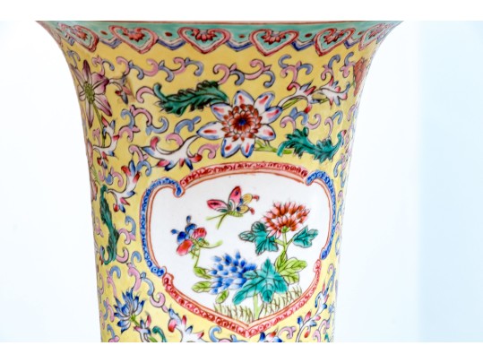 Chinese Famille Rose On Yellow Ground Gu Form Porcelain Table Lamp
