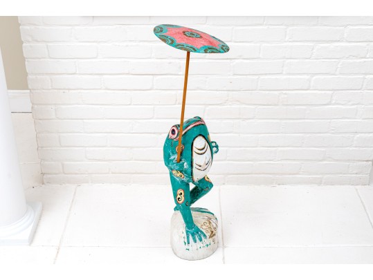 Whimsical Folk Art Carved And Painted Frog Holding Umbrella