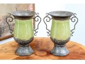 Pair Of Decorative Ceramic And Aluminum Twin Handled Urns