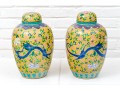 Pair Of Chinese Famille Rose On Yellow Ground Porcelain Ginger Jars