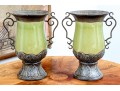 Pair Of Decorative Ceramic And Aluminum Twin Handled Urns