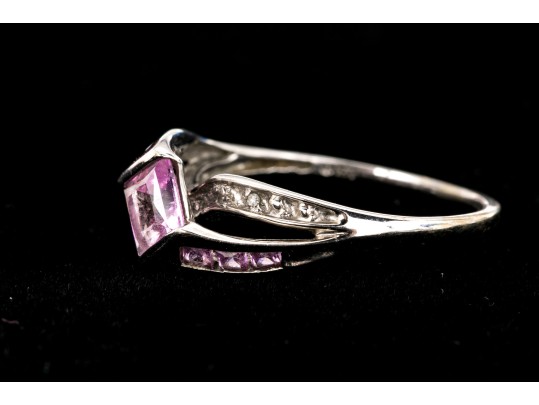 10k White Gold Synthetic Pink And White Sapphire Set Bypass Ring, Size 8.25