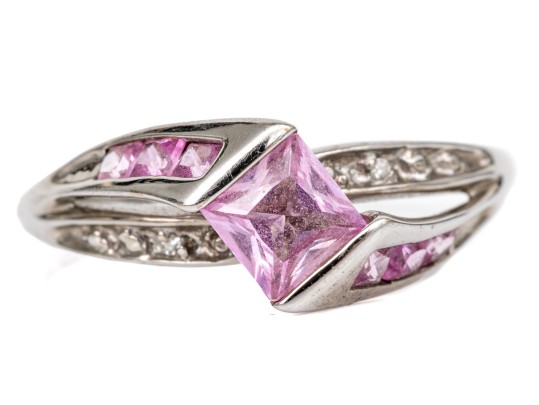 10k White Gold Synthetic Pink And White Sapphire Set Bypass Ring, Size 8.25