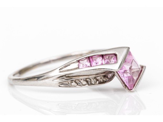 10k White Gold Synthetic Pink And White Sapphire Set Bypass Ring, Size 8.25