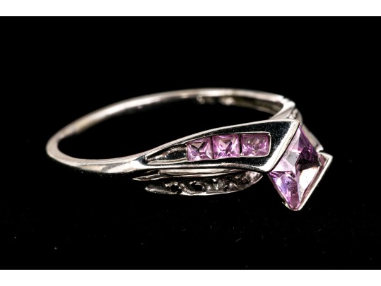 10k White Gold Synthetic Pink And White Sapphire Set Bypass Ring, Size 8.25