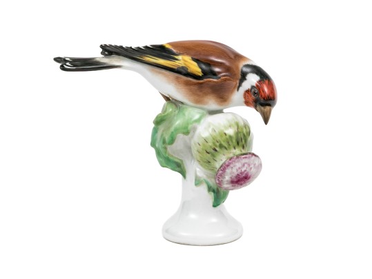 German Meissen Hand-Painted Porcelain Perched Goldfinch 