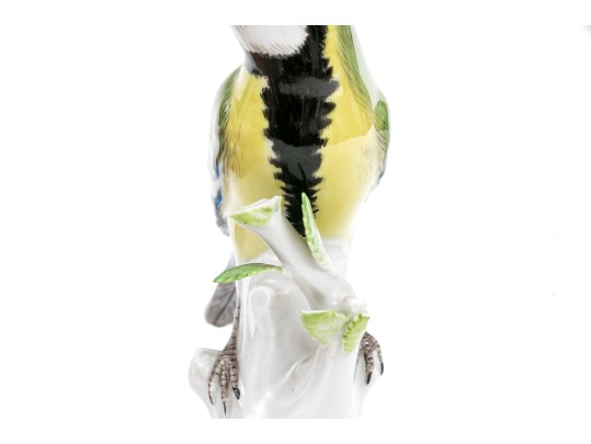 German, Meissen Hand-Painted Porcelain Perched Blue Titmouse Bird