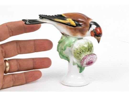 German Meissen Hand-Painted Porcelain Perched Goldfinch 