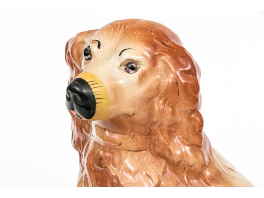 Pair Of English Staffordshire Ceramic Dogs With Inlaid Glass Eyes