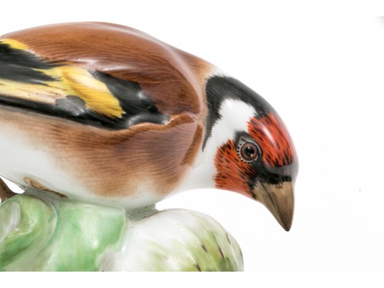 German Meissen Hand-Painted Porcelain Perched Goldfinch 