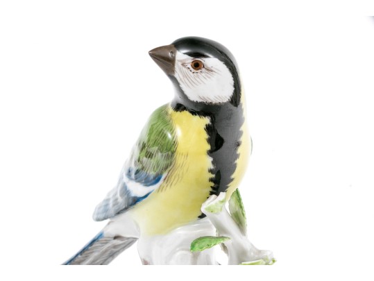 German, Meissen Hand-Painted Porcelain Perched Blue Titmouse Bird