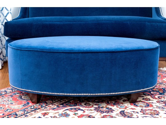 Quality Oval Blue Velvet Upholstered Oval Ottoman
