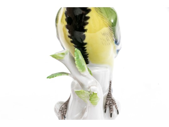 German, Meissen Hand-Painted Porcelain Perched Blue Titmouse Bird