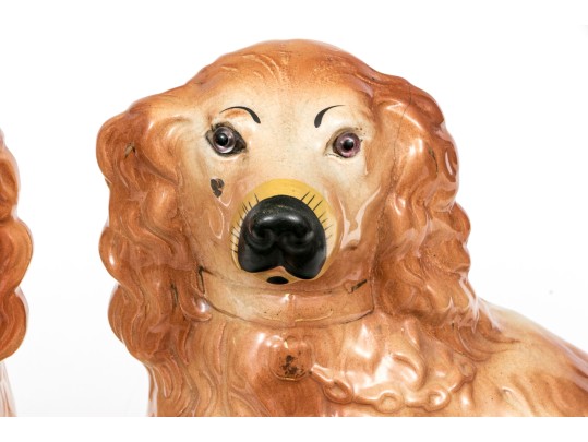 Pair Of English Staffordshire Ceramic Dogs With Inlaid Glass Eyes