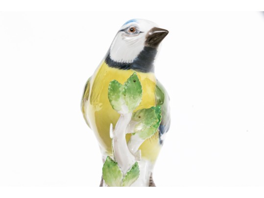 German Meissen Hand-painted Porcelain Perched Blue Titmouse Bird