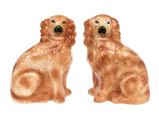 Pair Of English Staffordshire Ceramic Dogs With Inlaid Glass Eyes