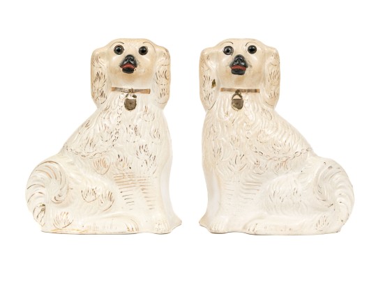 Pair Of English, Staffordshire Painted Pottery Spaniels