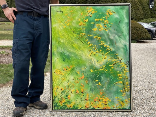 Signed Blanding Large Acrylic On Canvas, Abstract Yellow Flowers