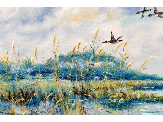 Henry Stanton (American, B. 1957) Oil On Canvas, Marsh Landscape With Ducks In Flight