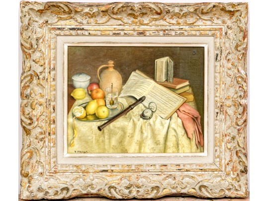 F. Frost (English, 20th C.) Oil On Canvas, Musical Still Life With Wine And Fruits 
