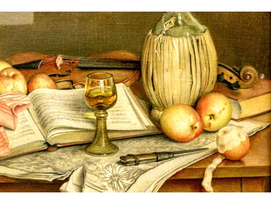 F. Frost (English, 20th C.) Oil On Canvas, Still Life With Wine And Fruits