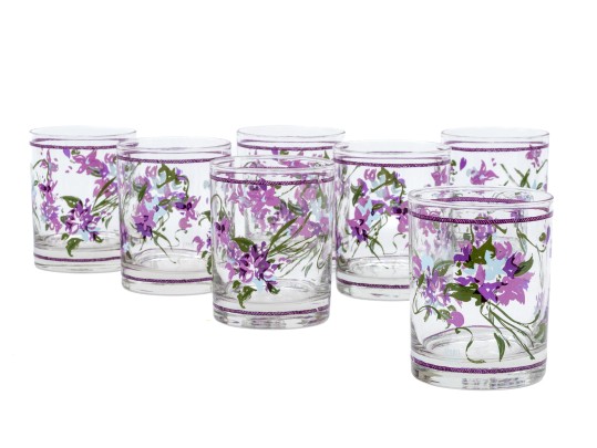 Seven Vintage Bonwit Teller Violet Pattern Old Fashioned Tumblers