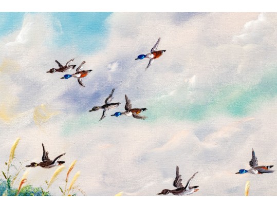 Henry Stanton (American, B. 1957) Oil On Canvas, Marsh Landscape With Ducks In Flight