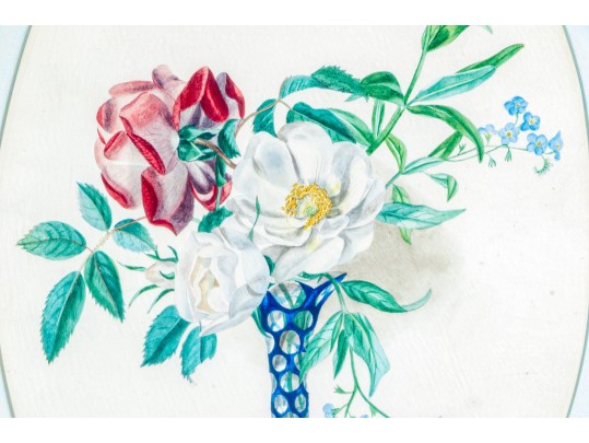 Three Watercolor On Paper Botanical And Music Sheets 