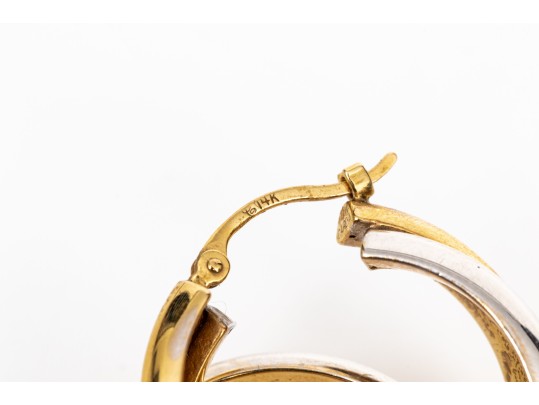 14k White And Yellow Gold Contemporary Intertwined Round Hoop Earrings