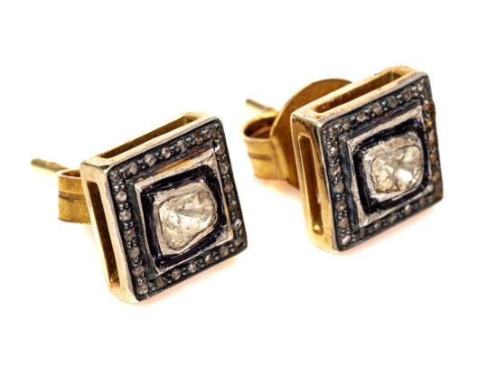 Blackened Sterling Silver Vermeil Gorgeous Macle Cut Diamond Halo Earrings