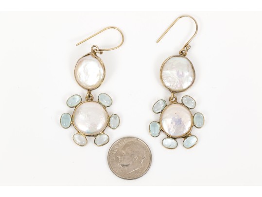 Sterling Vermeil Lovely Cultured Freshwater Pearl And Blue Topaz Flower Earrings