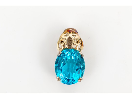 Sterling Silver And 14k Yellow Gold Striking Blue Topaz Pendant, App. 5.63 CTS