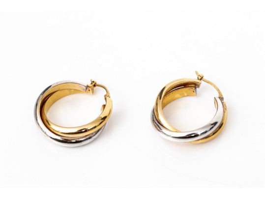 14k White And Yellow Gold Contemporary Intertwined Round Hoop Earrings