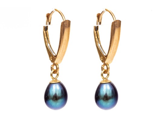 14k Yellow Gold Striking Black Cultured Freshwater Pearl Drop Earrings