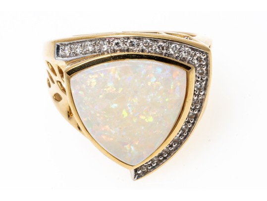 14K Opal And Diamond Contemporary Ring, Size 9.25