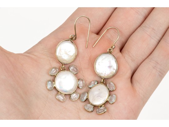 Sterling Vermeil Lovely Cultured Freshwater Pearl And Blue Topaz Flower Earrings