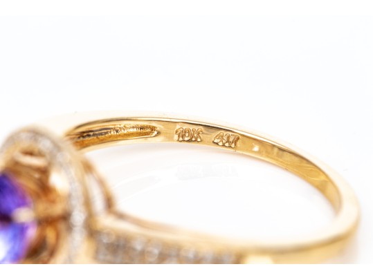 10k Yellow Gold Pretty Tanzaite And Diamond Halo Ring, Size 6.5