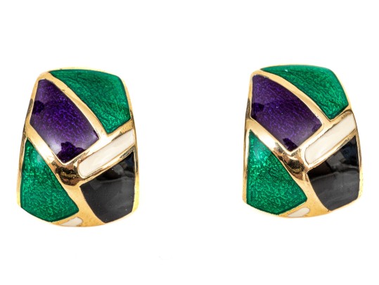 14k Yellow Gold Fun Blue And Green Enamel Tapered Domed Earrings