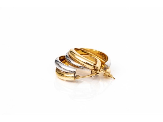 14k White And Yellow Gold Contemporary Intertwined Round Hoop Earrings