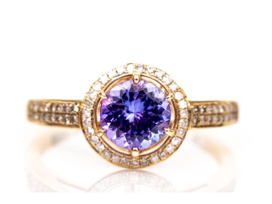 10k Yellow Gold Pretty Tanzaite And Diamond Halo Ring, Size 6.5